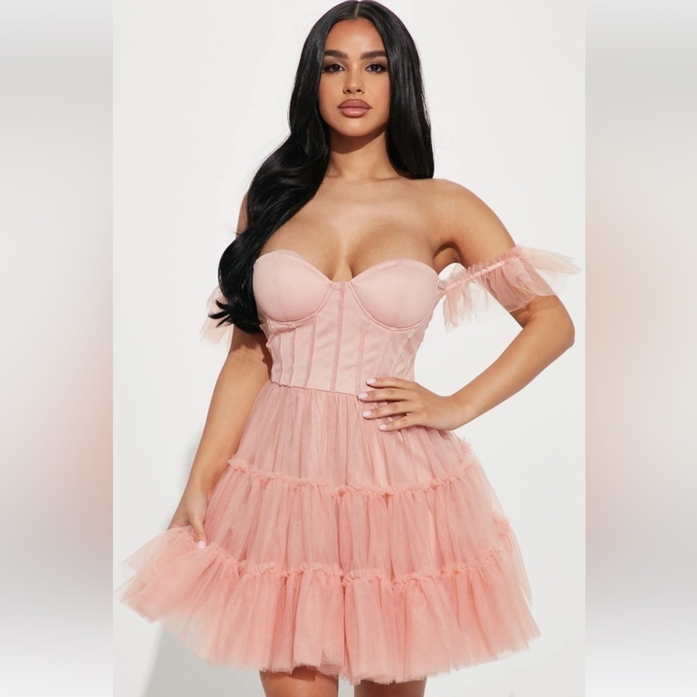 Tulle mini dress off the shoulder corset waist sweetheart neckline In Blush XL